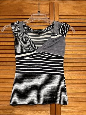 Black & White Striped Cap-Sleeve Knit Top